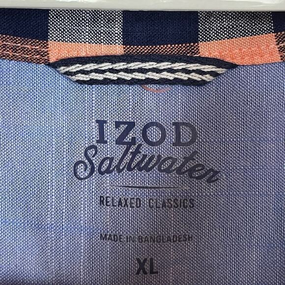 Izod Saltwater Relaxed Classics Men's Sz XL Plaid Blue Peach Button Up S/S Shirt - Picture 7 of 8